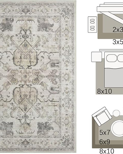 jinchan 3x5 Machine Washable Area Rugs for Entryway - Distressed Vintage Floral Ultra-Thin Low-Pile Soft Non-Shedding Indoor Floor Carpet for Kitchen Bedroom Entrance Laundry Living Room(3x5ft, Taupe)