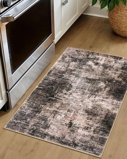IOHOUZE Small Abstract Area Rug 2x3 Ft Entryway Rugs Washable Door Mat Indoor Entrance, Rubber Backed Throw Rugs, Printed Faux Wool Non Slip Floor Carpet for Foyer Front Door Sink, Brown/Rust