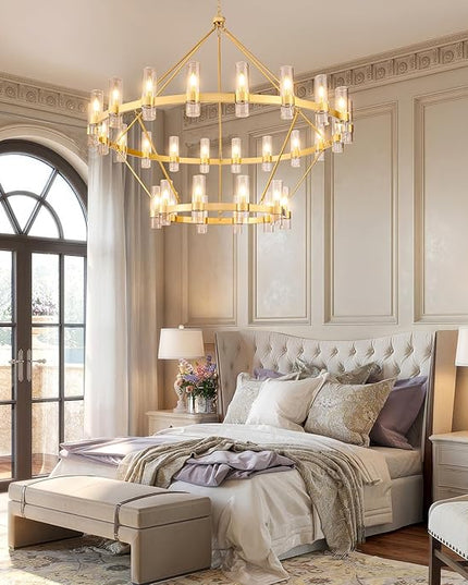 60 Inch Gold Wagon Wheel Chandelier with Glass Shade, 30 Lights, 2 Tier Round Modern Farmhouse Chandelier, High Ceilings Pendant Lighting Fixture for Dining Room, Living Room, Kitchen, Foyer