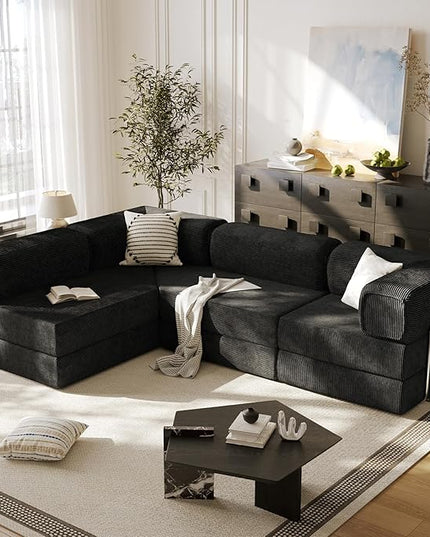 108" L Shaped Couch, Modular Sectional Sofa with Chaise, Cloud Boneless Couch with Deep Seat & Removable Pillow for Living Room, Bedroom,No Assembly Required（Black）