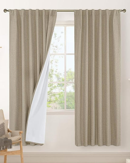 LAMIT 100% Blackout Natural Linen Curtains, 80 Inches Linen Textured Thermal Bedroom Curtains Back Tab and Rod Pocket Neutral Panels with White Liner for Farmhouse, 2 Panels, 52 x 80 Inch, Taupe