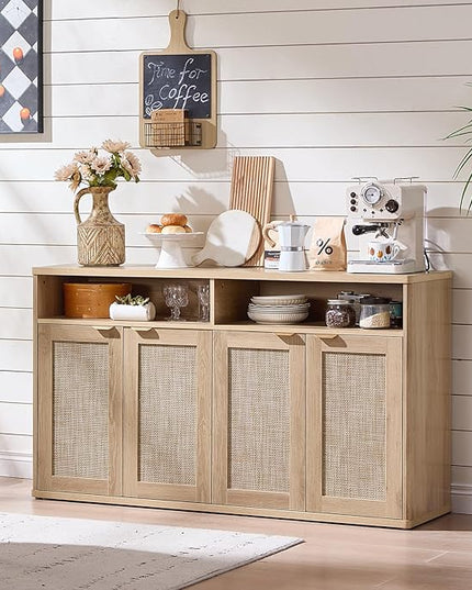 LEYAOYAO Rattan Sideboard Buffet Cabinet,55" Coffee Bar Cabinet with 4 Doors & Open Storage Shelf,Modern Credenza Console Table for Living Room Rattan Farmhouse Entryway Natural