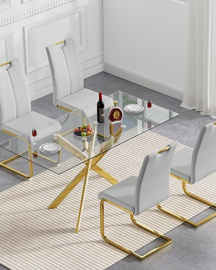 HomVent 5 Pieces Rectangular Glass Dining Table Table Set, Glass Kitchen Table Set for 4 with 4 PU Dining Chairs for Kitchen Dining Room