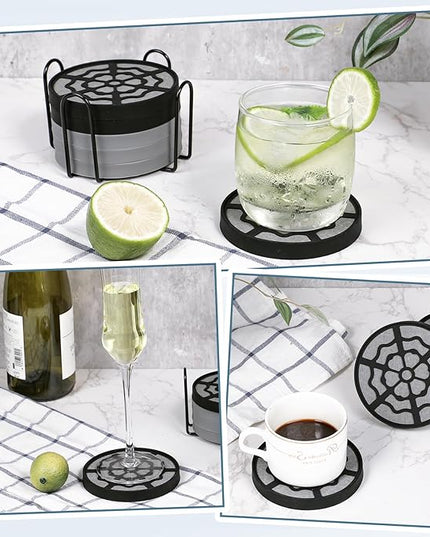 Koluti 6 Pieces Diatomaceous Earth Coasters with Holder, Desk Absorbent Coasters for Drink, with Soft Silicone Cover, 4.0”x 0.5”Water Instant Drying Round Stone Tray for Coffee Table