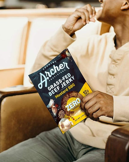 Country Archer Grass Fed Beef Jerky Mustard BBQ - Zero Sugar Beef Jerky, Sugar Free Beef Jerky Snack Pack, Mustard BBQ Beef Jerky Bulk, Individual Beef Jerky Pack, Gluten Free, Paleo- 2 oz (Pack of 6)