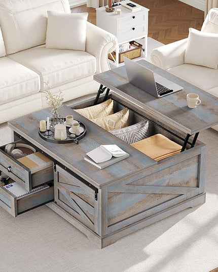 Itaar 39.4'' Lift Top Coffee Table with Storage, Farmhouse Coffee Tables for Living Room, Square Coffee Table with Large Hodden Compartment & 2 Drawrs & Adjustables Shelves (Blue)