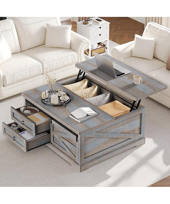 Itaar 39.4'' Lift Top Coffee Table with Storage, Farmhouse Coffee Tables for Living Room, Square Coffee Table with Large Hodden Compartment & 2 Drawrs & Adjustables Shelves (Blue)