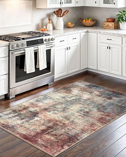 IOHOUZE Abstract Area Rug 3x5 Ft Washable Rugs for Entryway Indoor, Non Slip Kitchen Rug Printed Faux Wool Throw Rugs, Indoor Door Mat for Door Entrance Foyer Living Room, Red/Multi