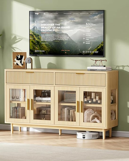 IRONCK 59'' Sideboard Buffet Cabinet with Drawers, Modern Kitchen Storage Cabinet with Adjustable Shelves and Tempered Glass Doors, Wood Coffee Bar for Kitchen, Living Room, Oak