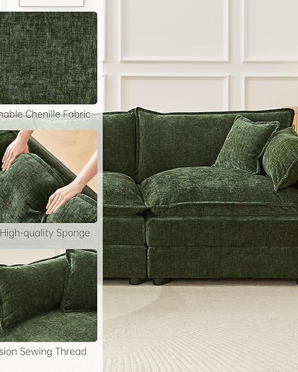 Modular Sectional Sofa, 112.2 Inch L Shaped Couch Set with Armrests, 3-Seater Comfy Cloud Couches with Movable Ottoman for Living Room Apartment, Green Sofa