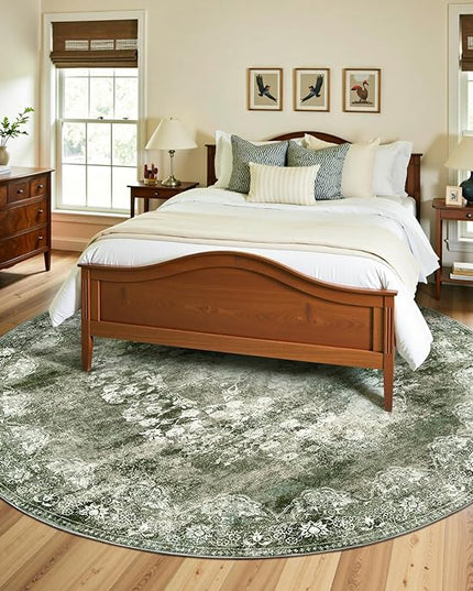 jinchan Round Rug 8ft Area Rug - Green Vintage Floor Mat Kitchen Indoor - Washable Circle 8' Thin Floral Print Christmas Carpet Retro Farmhouse Non Slip Dining Room Living Room Bedroom Office