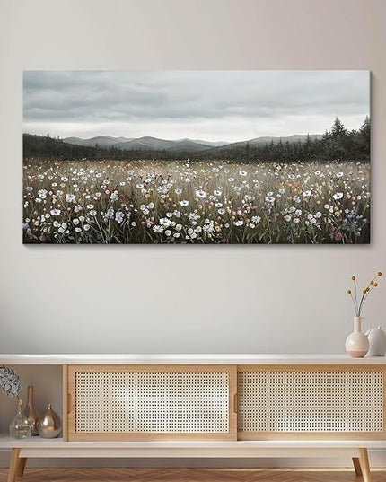 HGUAOA Vintage Landscape Wall Art for Bedroom and Living Room - Large Floral Artworks Farmhouse Wall Decor - Framed Neutral Nature Pictures - Above Bed Decor with Mountain Scenery 24×48IN