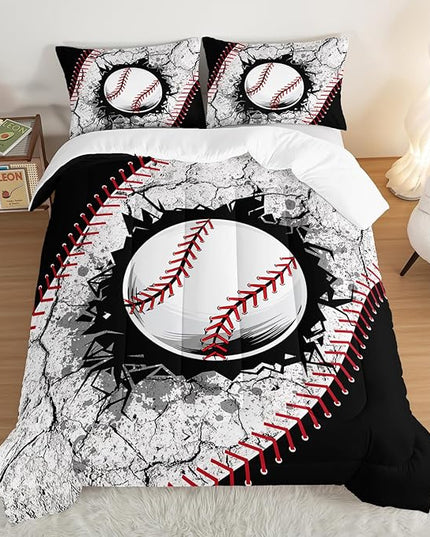 Baseball Comforter Sports Bedding Sets for Boys,Sports Gamer Bedding Set for Kids Girls Boys Room Decor,Black White Baseball Printed Full Bed Comforter Set with 2 Pillowcases.