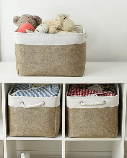 TheWarmHome Organization and Storage Basket for Gifts Empty - 16x12x12 inch Cube Storage bin 3 Pack Fabric Storage Cubes, Collapsible Baskets for Organizer Closet Cloth Gift Toy (White & Khaki)