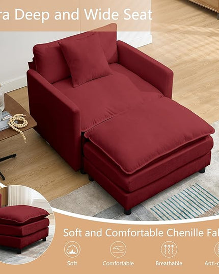 SZLIZCCC 56.3''D Oversized Chaise Lounge Chair Indoor, Comfy Chenille Upholstered Sofa Chair with Ottoman, Deep Seat Single Sofa Couch with 1 Pillow for Living Room(Wine red, 56.3''-Single)