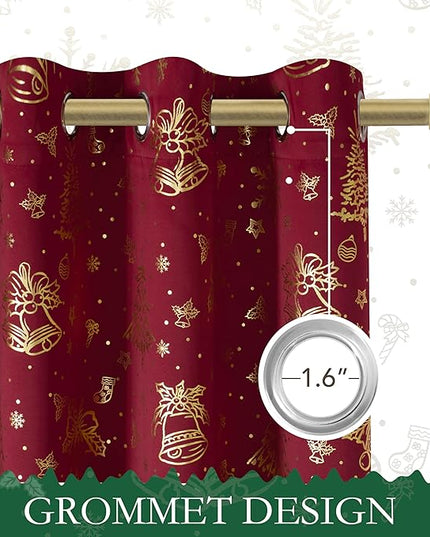 NICETOWN 2 Panels Christmas Grommet Pocket Curtains 52 x 95 Inch, Gold Stamped Holiday Window Drapes for Xmas Decorations, Festive Room Darkening Curtain Set for Living Room Bedroom, Seasonal Style