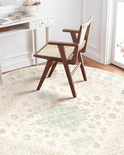 MUJOO Round Rugs 5ft,Circle Area Rug Washable,Circular Rugs for Living Room Dining Room,Boho Non Slip Throw Carpet Light Pink and Green