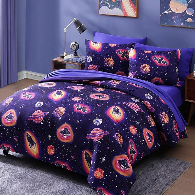 Twin Comforter Set for Boys-5 Pieces Space Rocket Twin Bedding Sets for Kids, Ultra Soft Bed in A Bag with Sheets