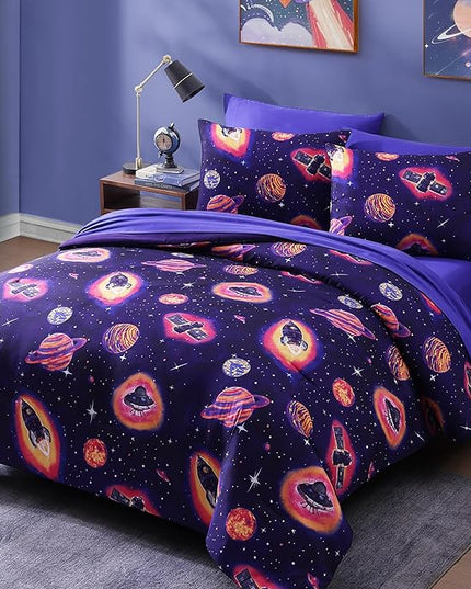 Full Size Comforter Set for Boys-7 Pieces Space Rocket Full Bedding Sets for Kids, Ultra Soft Bed in A Bag with Sheets