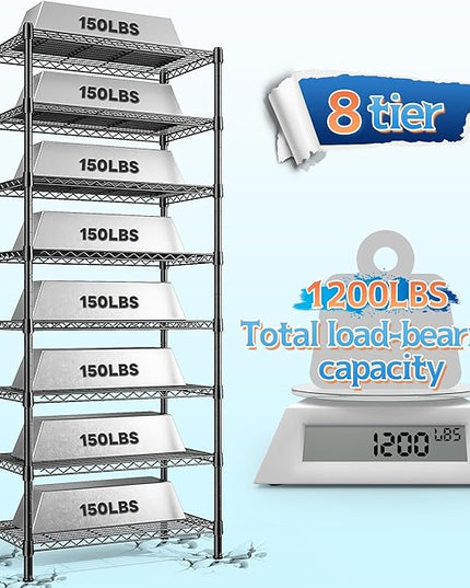 8 Tier Wire Shelving Rack Storage Shelves Loads1200LBS,Adjustable Metal Shelving Unit and Metal Shelf Pantry Shelves Industrial Shelving for Commercial Kitchen Office 72H X 13.8D X 23.6W