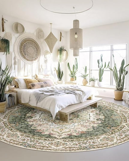 Green Round Rug 9ft,Large Circle Area Rugs for Bedroom Living Room Dining Room,Washable Boho Vintage Bohemian Distressed Oriental Carpet Non Slip,Sage Floral