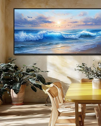 XIGUANGART Ocean Canvas Wall Art, Blue Sea Wave and Large Coastal Beach Paintings Sunset Seascape Pictures Artwork Wall Decor for Living Room Bedroom Bathroom Kitchen Hallway Home Office Black Framed