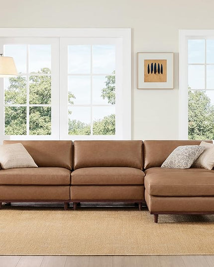CHITA 118" Super Large Luxury L Shape Convertible Sectional Modular Sofa, FSC Certified Down Filled Modern Sofa with Ottoman, Deep Seat Cloud Couch, 4 Seat Couch, Solid Wood Leg, Faux Leather in Camel
