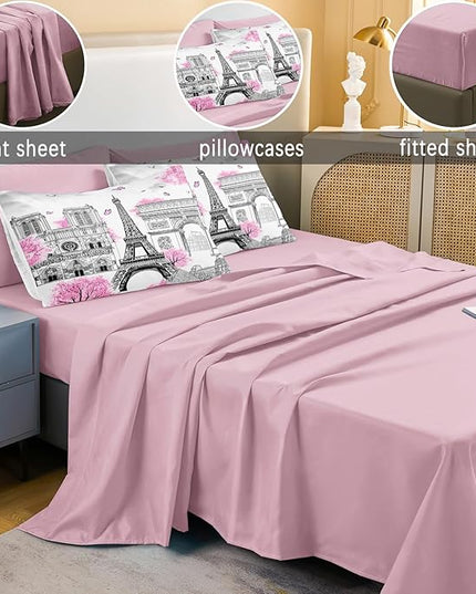 Bedbay 8 Pieces Pink and Grey Comforter Set Queen Size Paris Comforter Set Queen Pink Bedding Set Bed in a Bag Eiffel Tower Beautiful Blossom Floral Paris Themed Bedroom Decor