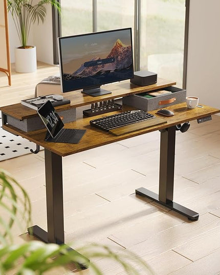 Claiks Electric Standing Desk with 2 Drawers, Adjustable Standing Desks with Storage, Height Adjustable Stand up Desk for Home Office with 2 Hooks,55 Inch Ruist Brown