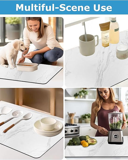 Dish Drying Mat Coffee Bar Mat for Kitchen Counter, Absorbent Dish Rack Pad Hide Stain with Non-slip Rubber Backed Coffee Accessories Fit Under Espresso Machine Maker White Marble 22.83"x14.96"