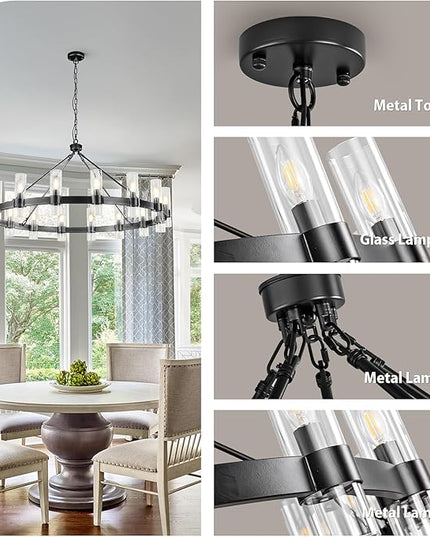 48 Inch Black Chandelier, Wagon Wheel Chandelier with Glass Shade, 16-Lights Large Round Modern Farmhouse High Ceiling Industrial Pendant Lighting Fixture for Dining Room, Living Room, Kitchen, Foyer