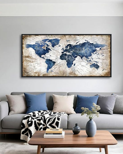 World Map Canvas Wall Art Navy World Maps for Wall Vintage Modern Wall Art for Office Framed Pictures for Living Room Bedroom Wall Decoration for Home Office Decor Artwork for Walls 24x48IN
