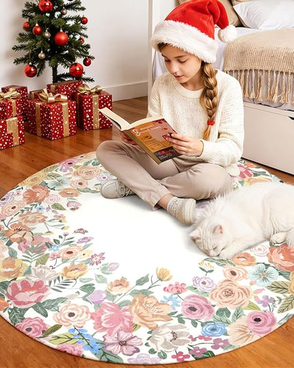 Wonnitar Washable 4ft Round Area Rug, Camellia Floral Living Room Rugs for Bedroom Girls, Low Pile Soft Flower Throw Carpet for Kids Nursery Room (Beige,4ft Round)