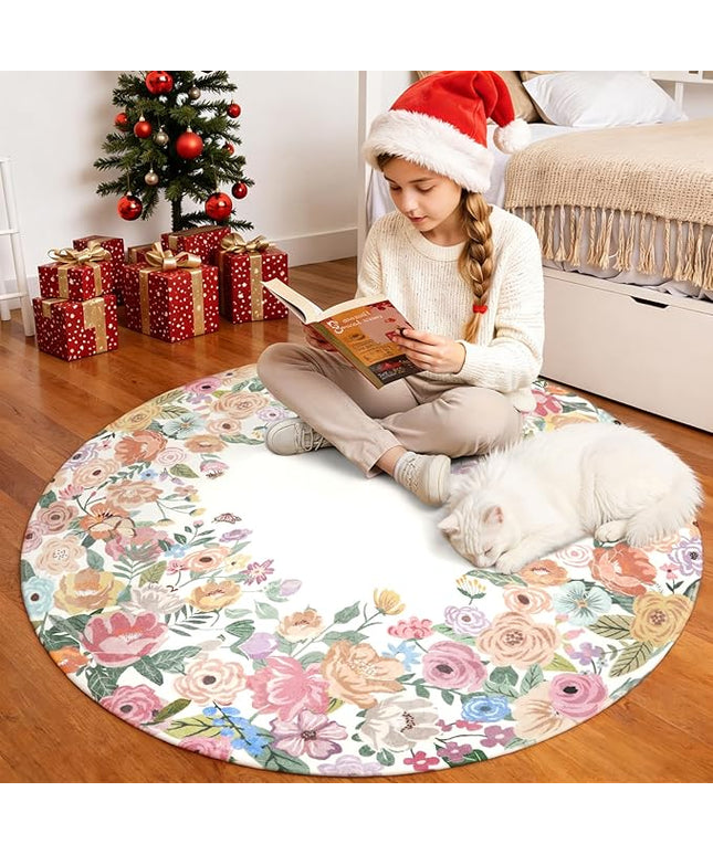 Wonnitar Washable 4ft Round Area Rug, Camellia Floral Living Room Rugs for Bedroom Girls, Low Pile Soft Flower Throw Carpet for Kids Nursery Room (Beige,4ft Round)