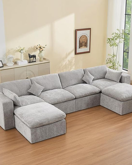 155''Cloud Boneless Sectional Couch, Modular Sectional Sofa Deep Seat with 2 Ottomans, Oversized Upholstered Convertible Comfy 6 Seater Chenille Sofa U Shape Couches for Living Room, Light Grey