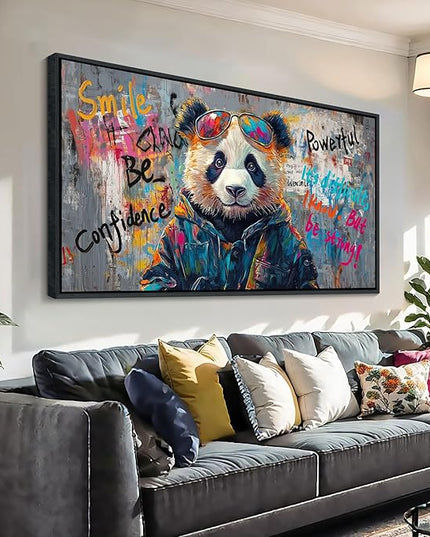 JEAWA Large Canvas Framed Wall Art, Panda Abstract Graffiti Street Art Pop Wall Picture Black and White Paintings Ready to Hang Living Room Bedroom Study Home Office Inspirational Decor 29x58 IN
