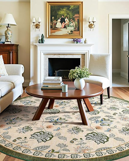jinchan Elora 8ft Floral Round Rug for Washable Living Room Rug Vintage Romance Christmas Design Non Slip Indoor Floor Cover Lightweight Low-Profile Throw Carpet for Porch Patio, Green/Beige