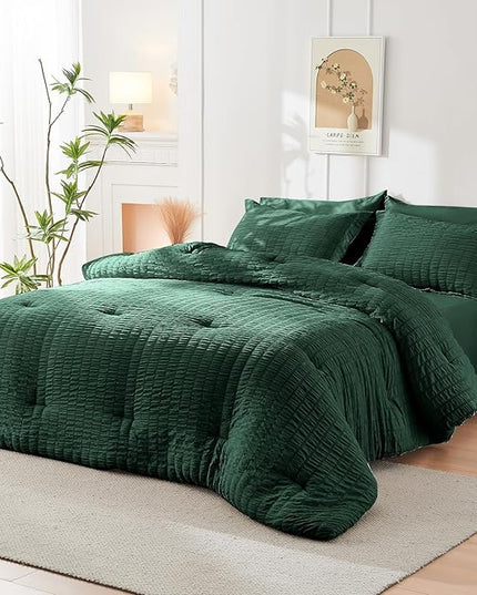 HYMOKEGE Emerald Green Twin Comforter Set Seersucker 5 Pieces, All Season Luxury Bed in a Bag for Bedroom, Bedding Set with Comforter, Sheets, Pillowcase & Sham