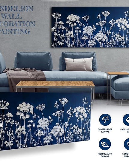 HUADAOART Large Wall Art Navy Blue and White Dandelion Modern Floral Print 24 x 48 inch Canvas Artwork Home Decor Living Room Bedroom Office Decor Ready To Hang