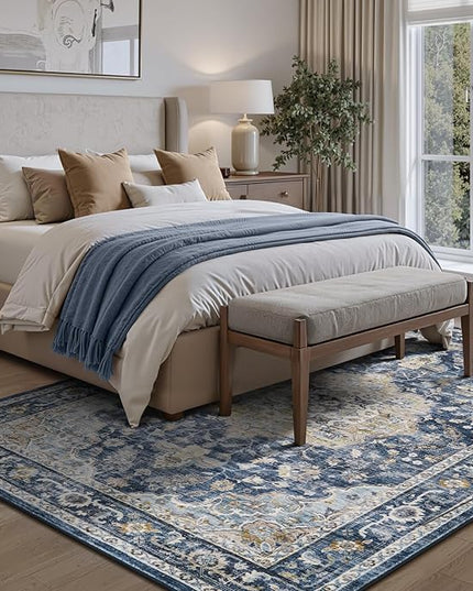PADOOR-Vintage Area Rug 5X7 Rugs for Living Room-Soft Blue Rugs for Bedroom-Machine Washable Rugs Non Slip Carpet-Rug for Dining Room Living Room Bedside Office