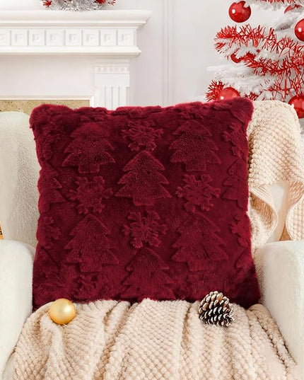 Touchat Christmas Pillow Covers 18x18, Soft Faux Rabbit Fur Throw Pillow Covers with 3D Embroidery Christmas Tree and Snowflake Design for Winter Holiday Home Decor, Couch Sofa Bedroom, Red