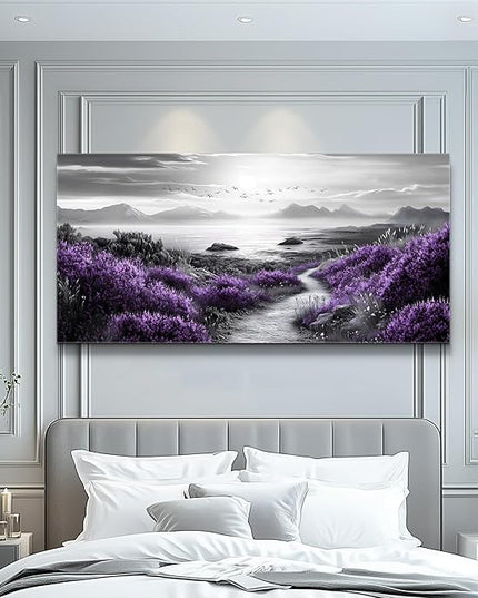 FUHAIHUA Canvas Wall Art For Living Room Large Wall Decor For Office Bedroom Decorations Purple Flowers Landscape Pictures Black And White Painting Artwork Wall Mural Aesthetic Home Decor 30x60 In