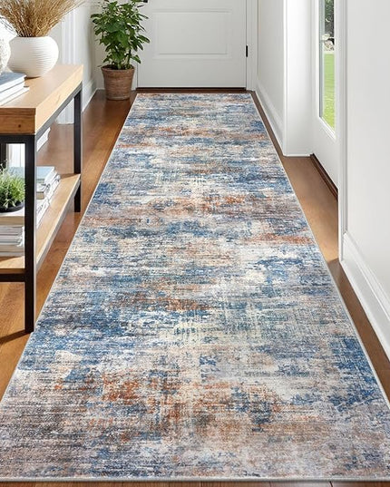 IOHOUZE Abstract Runner Rug 3x12 Ft Washable Runners for Hallways, Non Slip Kitchen Runner Printed Faux Wool Entryway Runner Indoor, Modern Abstract Floor Carpet for Hall Kitchen, Blue Rust
