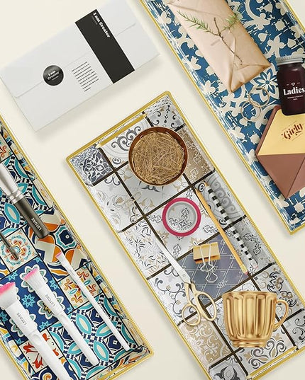 Bathroom Vanity Tray for Countertop, Small Plastic Toilet Tank Tray Versatile Storage & Organization Tray for Makeup, Perfume, Desk, Kitchen, Candles, 13.7"x6"x1.4", 35Boho3