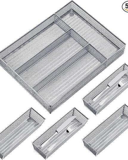 Neudeco Drawer Organizer Set 5 Pack - 4-Compartment Silverware Organizer Tray + 4 Utensil Trays, Kitchen Drawer Organizer for Flatware, Cutlery, Office Supplies, Silver Mesh, Non-Slip,Silver