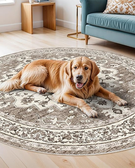Washable Oriental Area Rug - 6ft Round Rugs for Living Room Soft Carpet for Bedroom Waterproof Floral Distressed Indoor Stain Resistant Non-Shedding Floor Carpets (Beige, 6ft-Round)