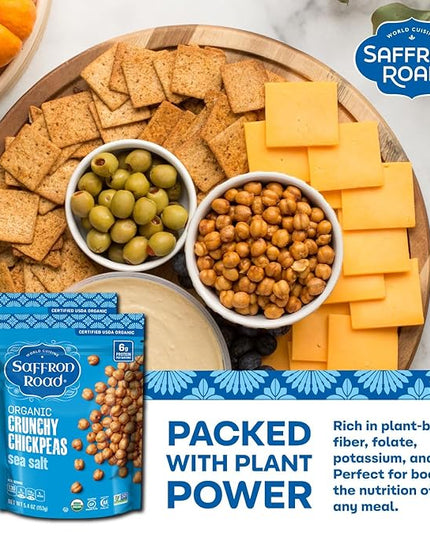 Saffron Road Organic Roasted Sea Salt Crunchy Chickpeas | High-Protein, Vegan, Gluten-Free, Non-GMO, Halal & Kosher Certified Snack | 5.4 oz Resealable Pouch | Pack of 6