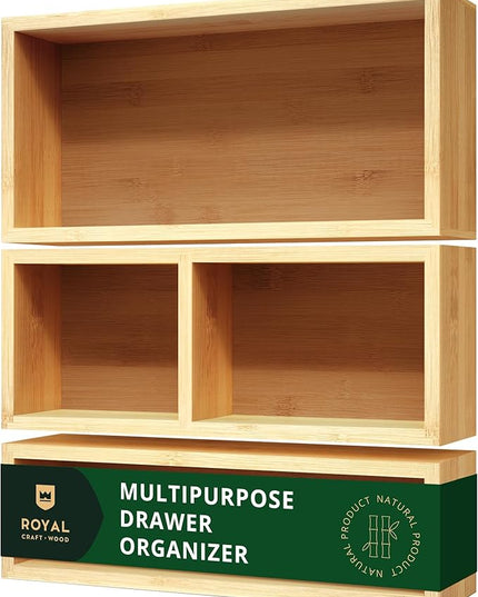 ROYAL CRAFT WOOD Luxury Bamboo Drawer Organizer Storage Box, Bin Set - Multi-Use Drawer Organizer for Kitchen, Bathroom, Office Desk, Makeup, Jewelry (3 Boxes)