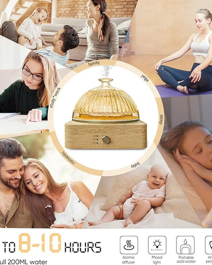 Glass Dome Essential Oil Diffuser with Glass Reservoir & Wood Base-No Plastic, 200ml Ultrasonic Diffuser for Aromatherapy with Timer 7 Color Light Auto-Off for Home Office Yoga Pilates