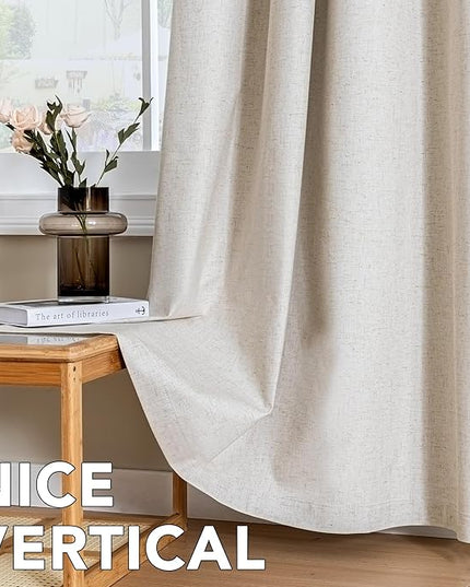 H.VERSAILTEX Linen Curtains 100% Blackout Curtains for Bedroom 84 inch Long Full Light Blocking Nature Linen Blended Window Curtains for Living Room Nickel Grommet (2 Panels, Heathered Natural)